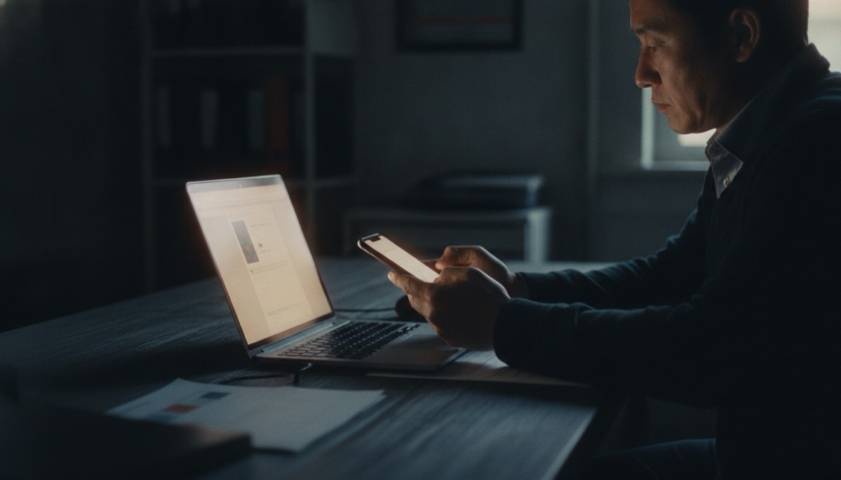Un entrepreneur consulte son téléphone devant son ordinateur portable dans un bureau sombre